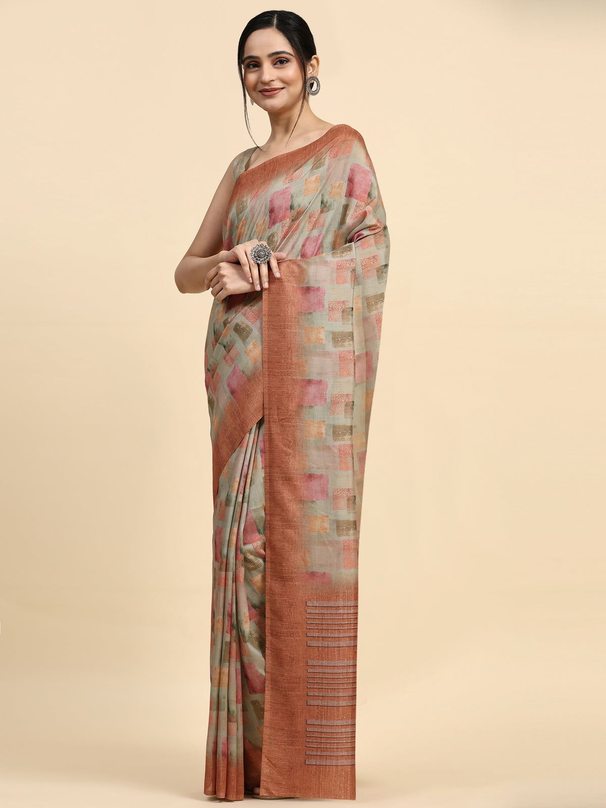Beige Color Geometric Printed Satin Designer Saree