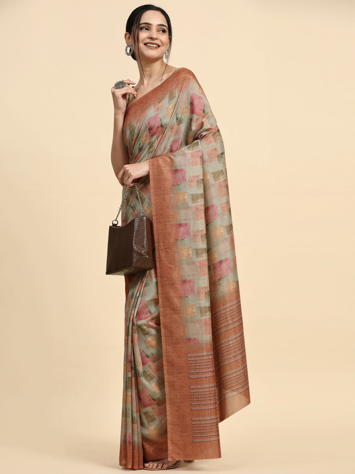 Beige Color Geometric Printed Satin Designer Saree