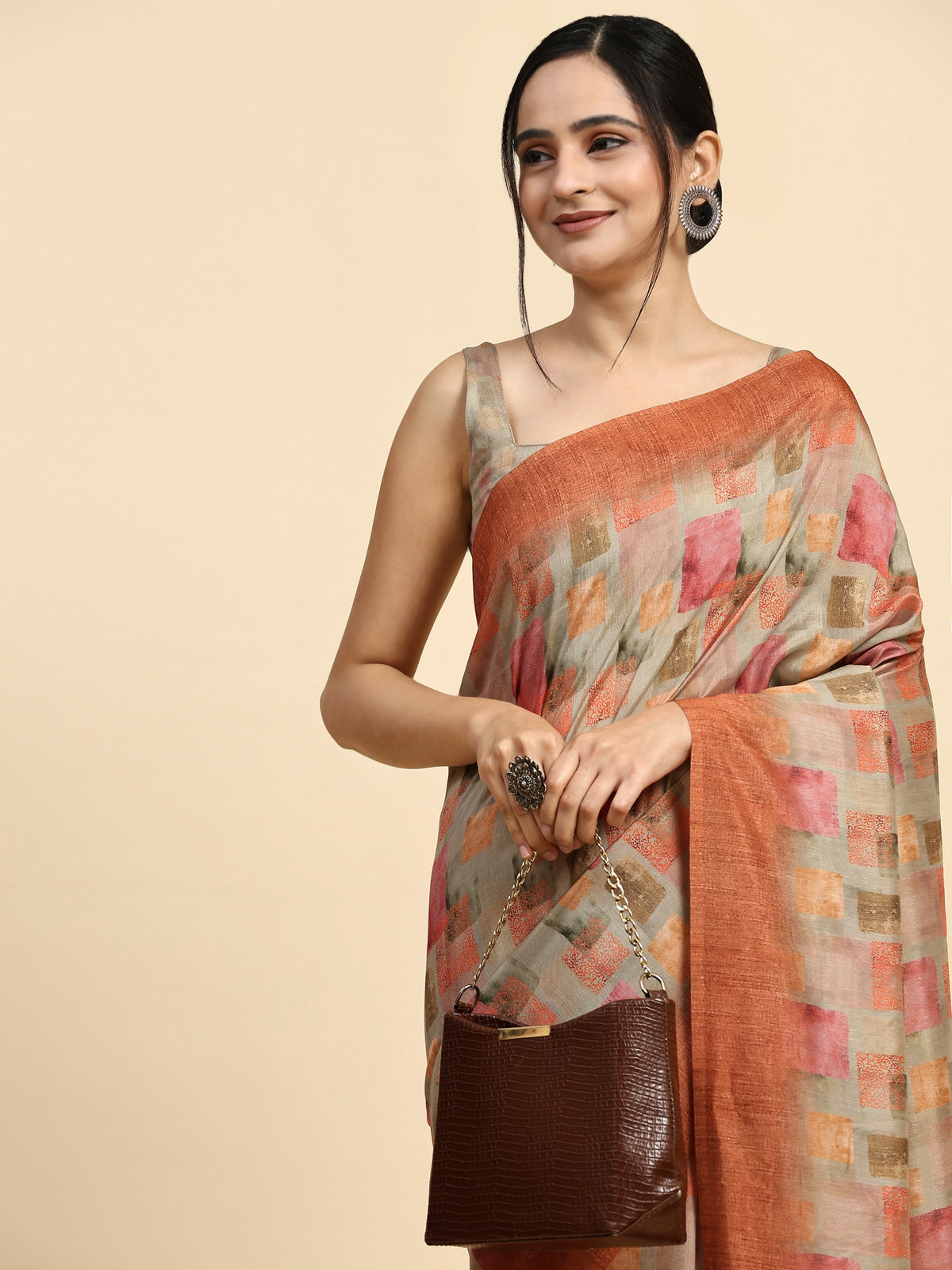 Beige Color Geometric Printed Satin Designer Saree
