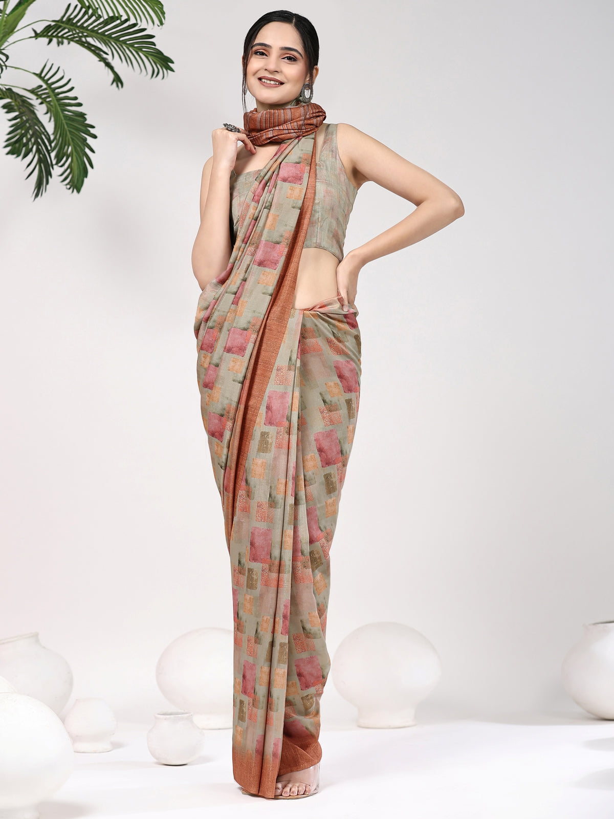 Beige Color Geometric Printed Satin Designer Saree