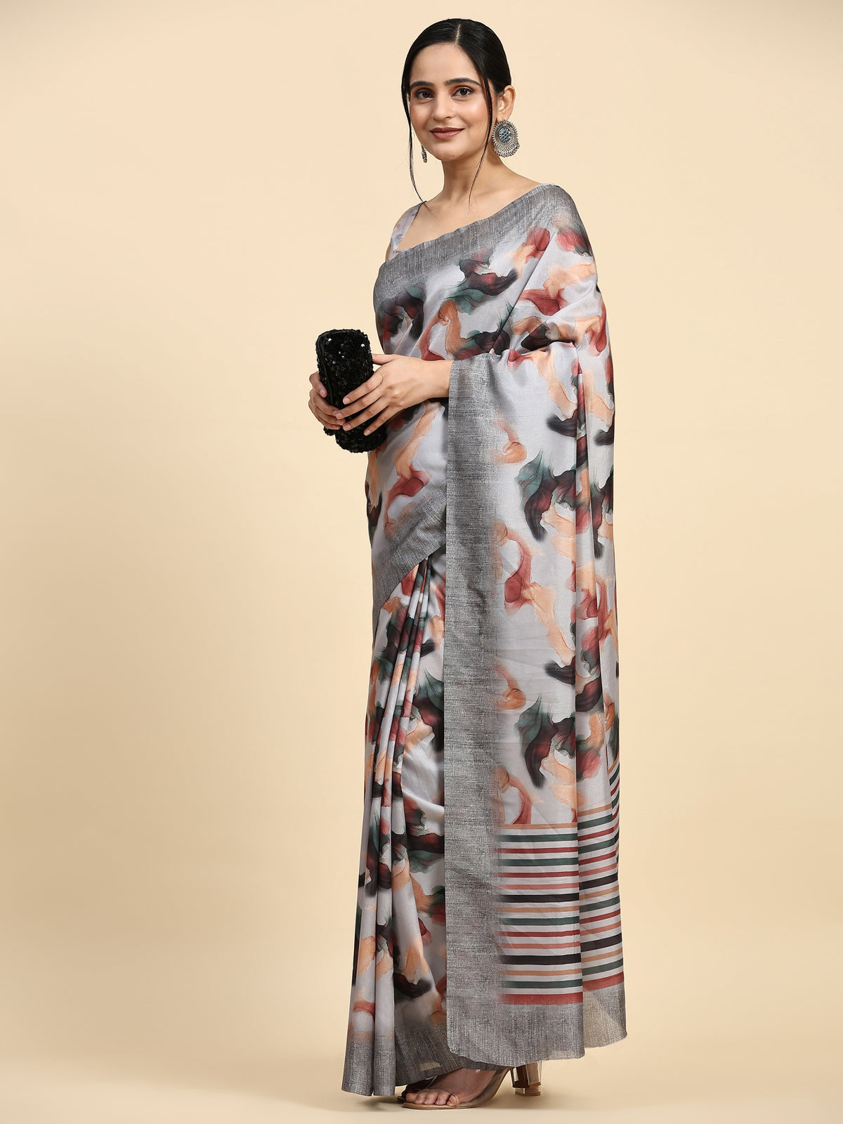 Grey Abstract Printed Polycotton Designer Saree