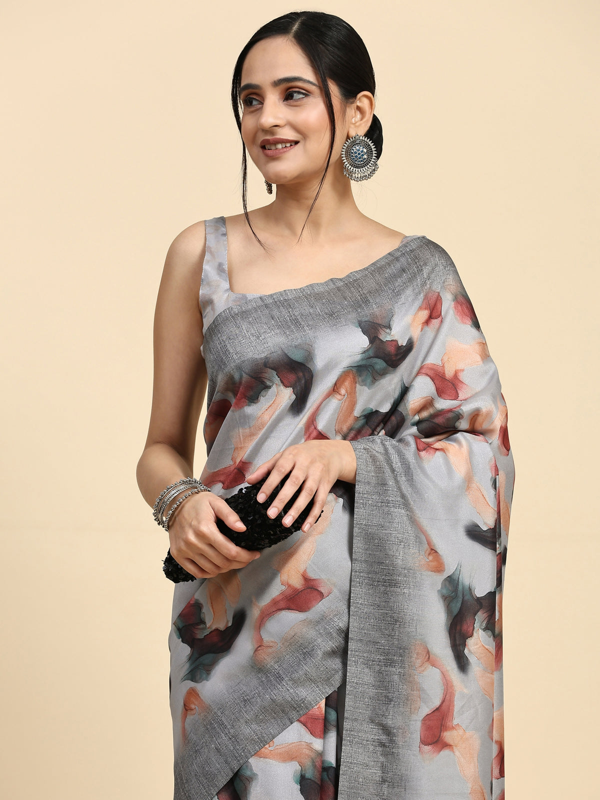 Grey Abstract Printed Polycotton Designer Saree