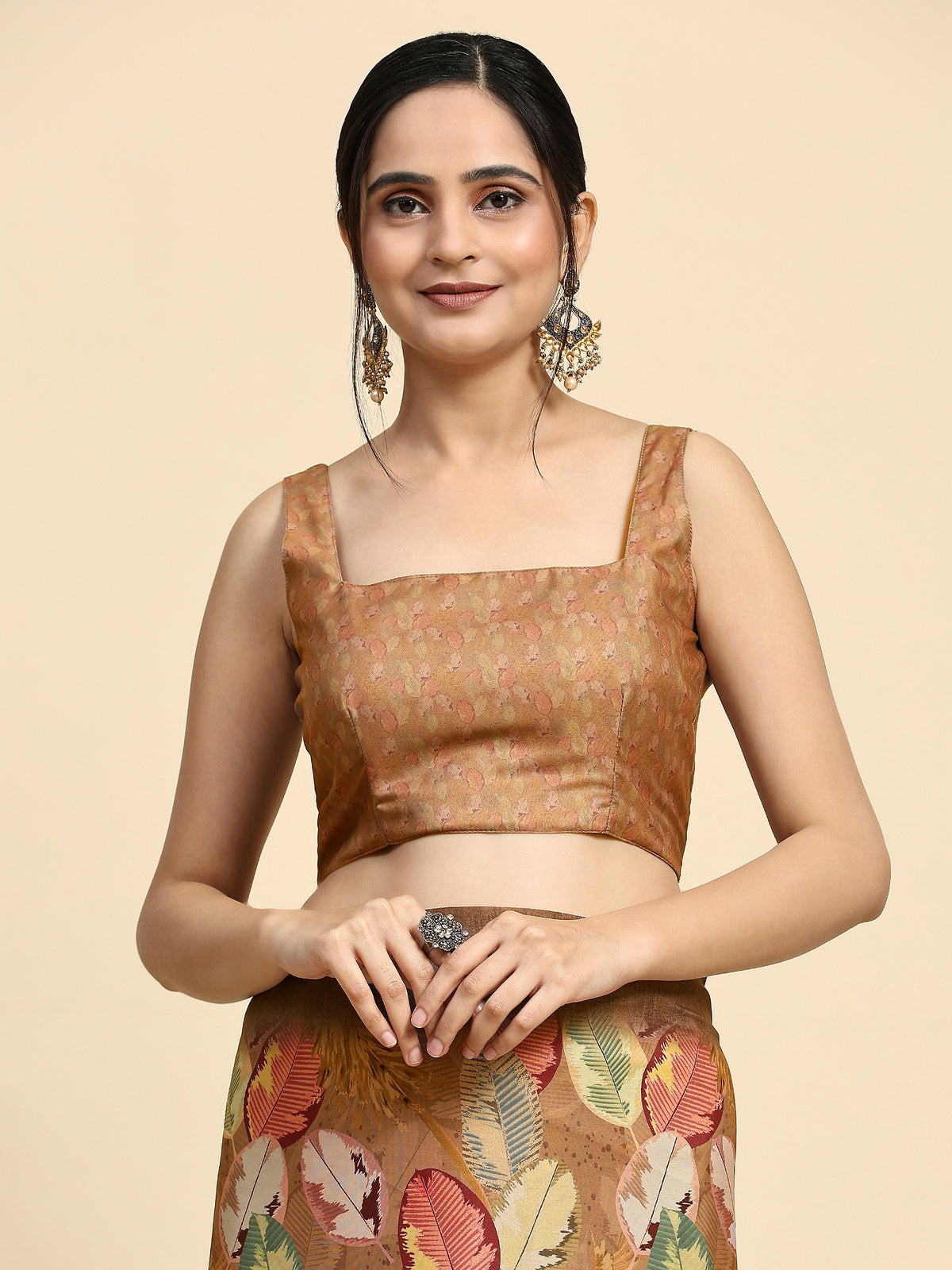Brown Batik Printed Satin Designer Saree
