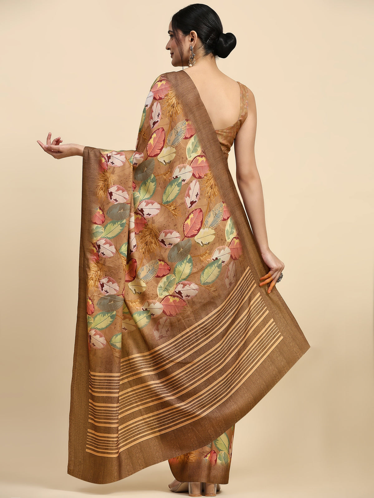 Brown Batik Printed Satin Designer Saree