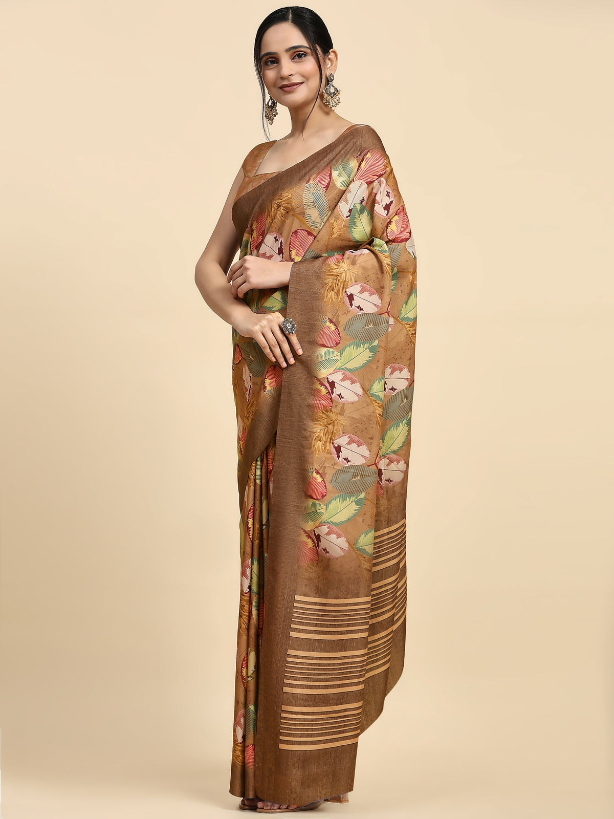 Brown Batik Printed Satin Designer Saree
