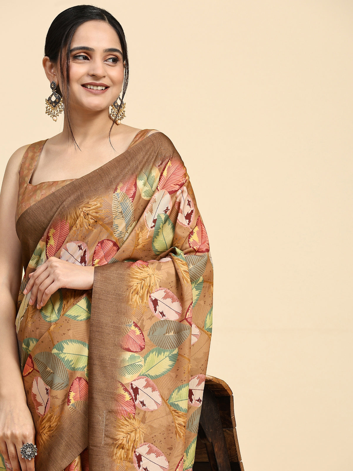 Brown Batik Printed Satin Designer Saree