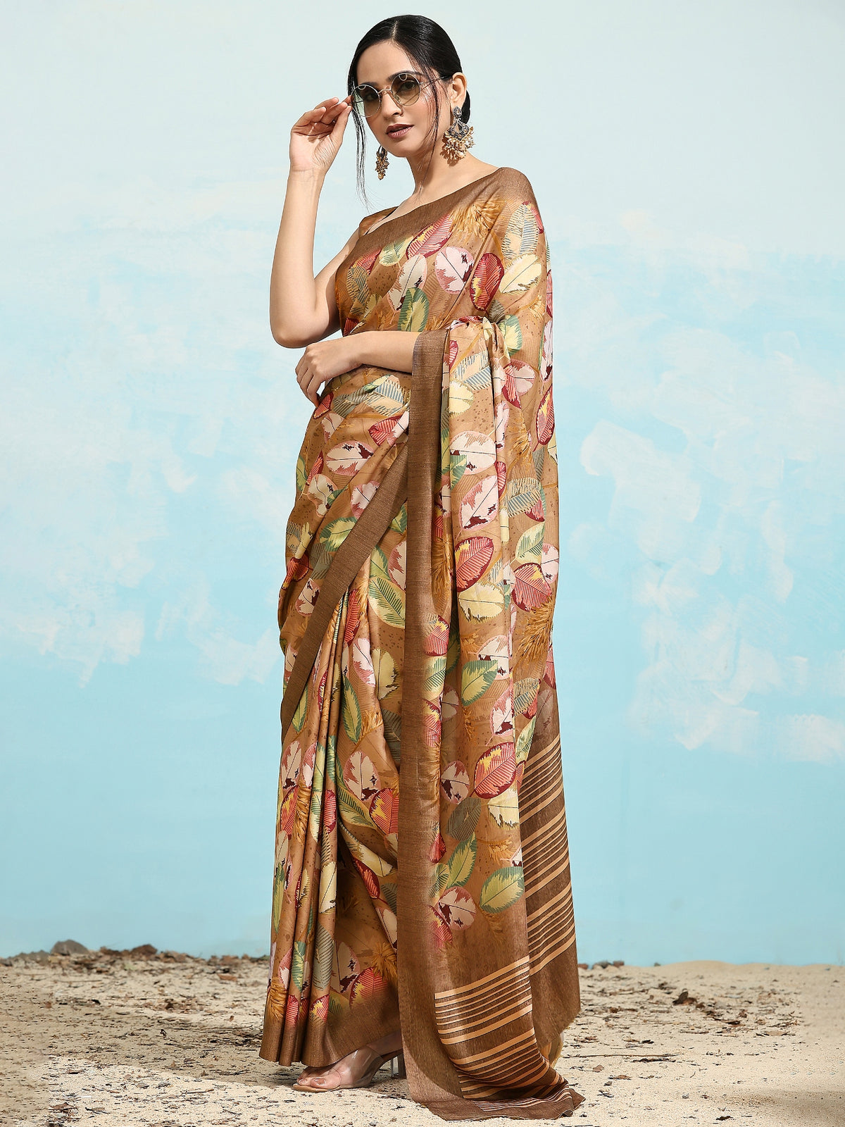 Brown Batik Printed Satin Designer Saree