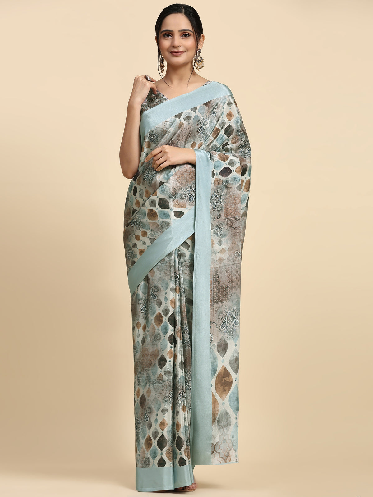 Grey Color Batik Printed Jute Silk Designer Saree