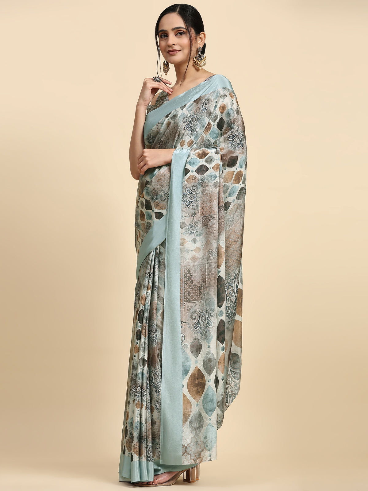 Grey Color Batik Printed Jute Silk Designer Saree