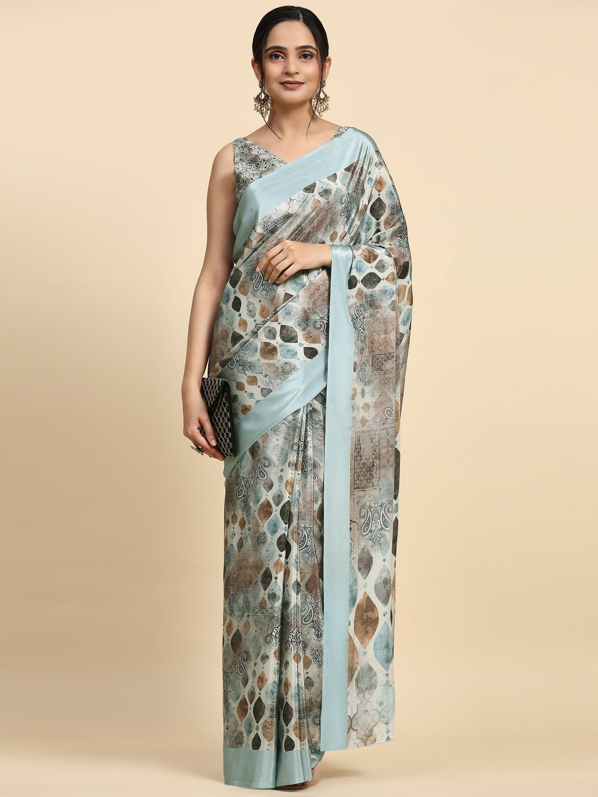 Grey Color Batik Printed Jute Silk Designer Saree