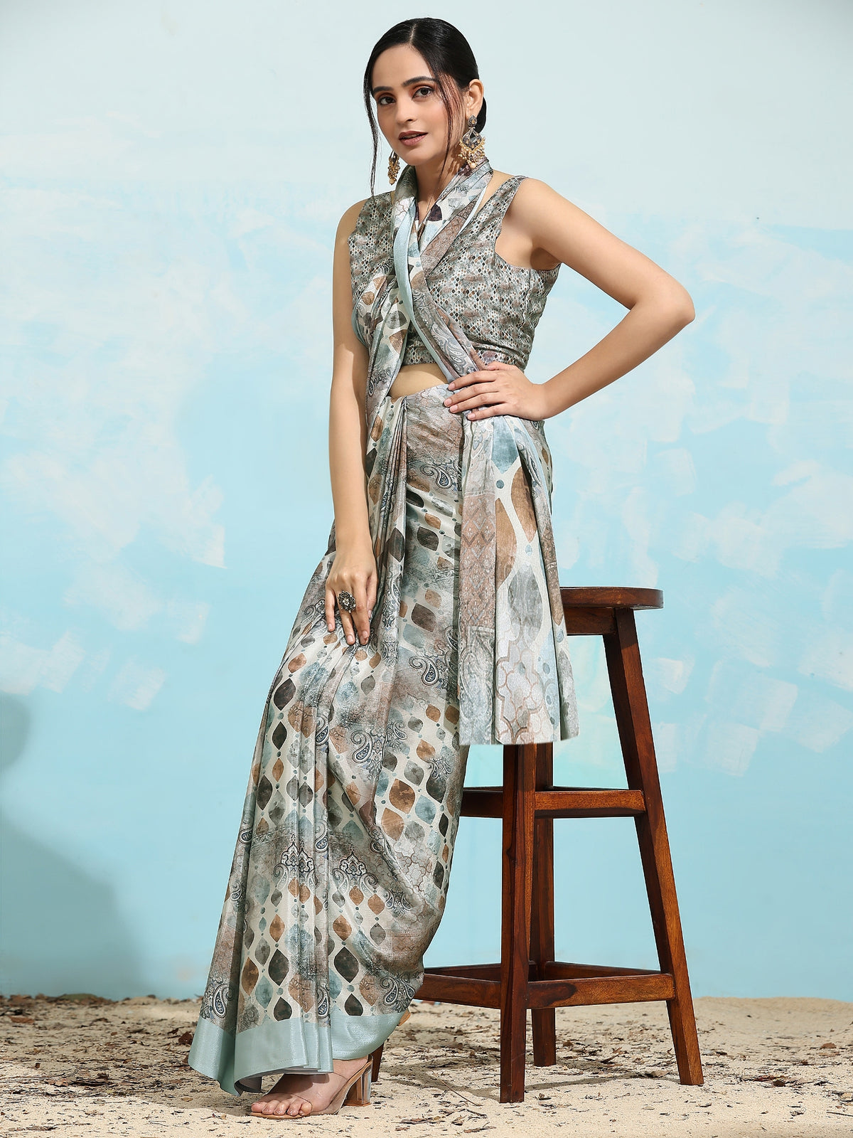 Grey Color Batik Printed Jute Silk Designer Saree