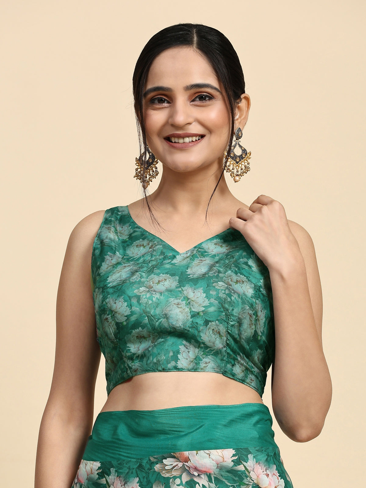 Green Color Floral Printed Satin Party Wear Saree