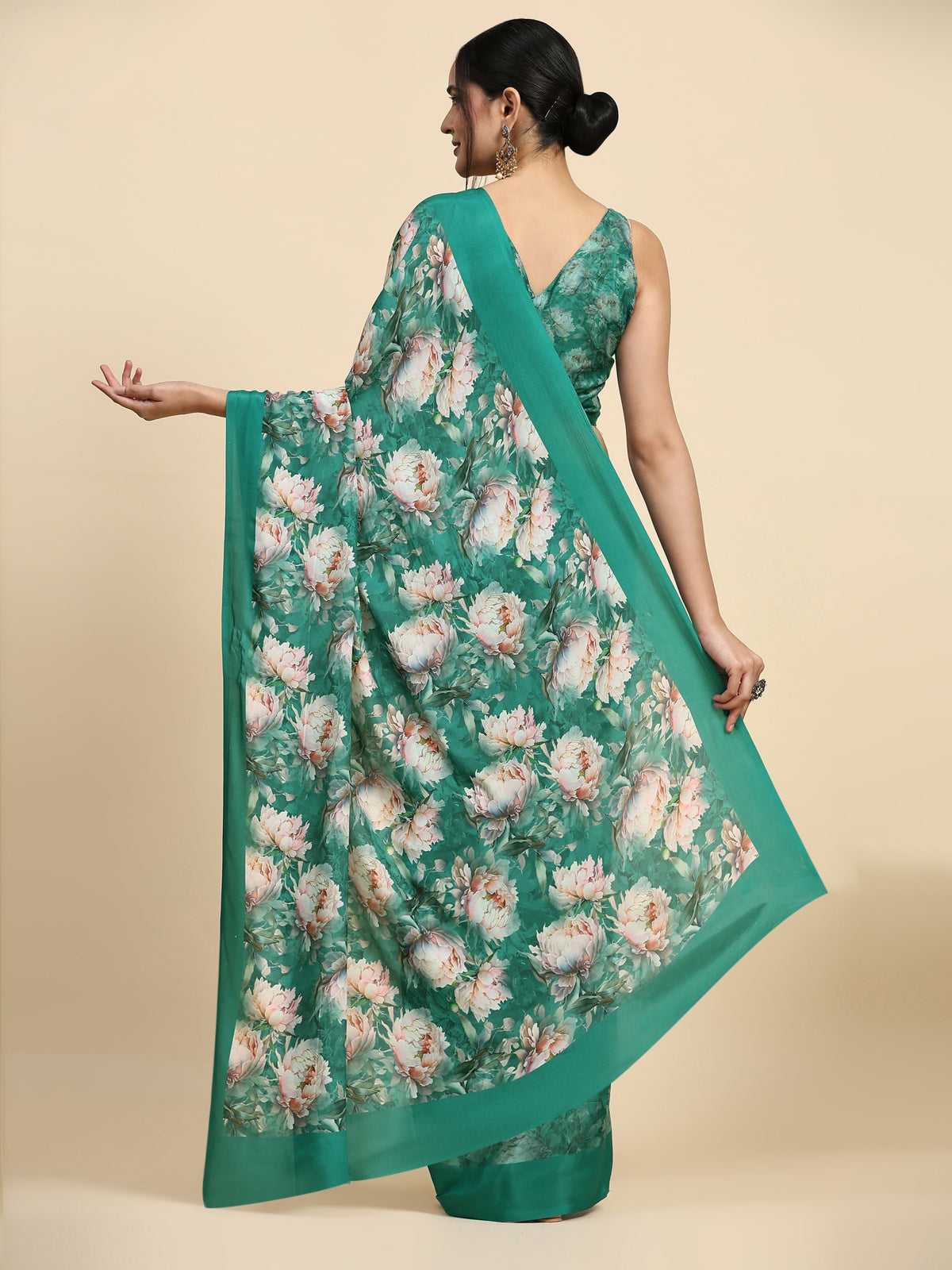 Green Color Floral Printed Satin Party Wear Saree