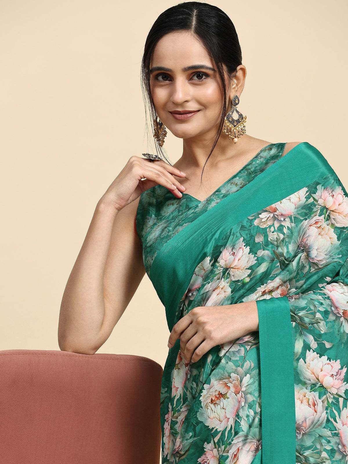 Green Color Floral Printed Satin Party Wear Saree