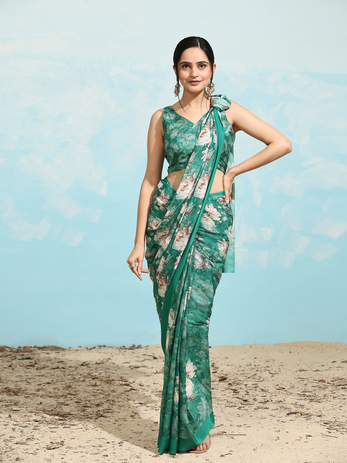 Green Color Floral Printed Satin Party Wear Saree