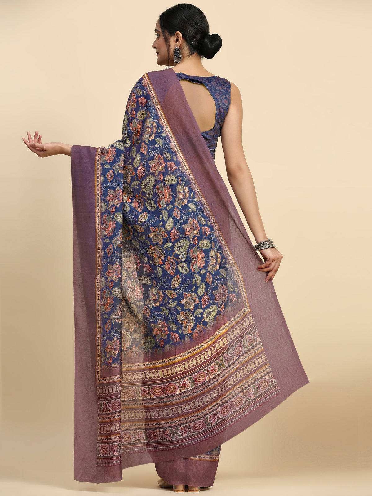 Blue Floral Block Printed Satin Designer Saree