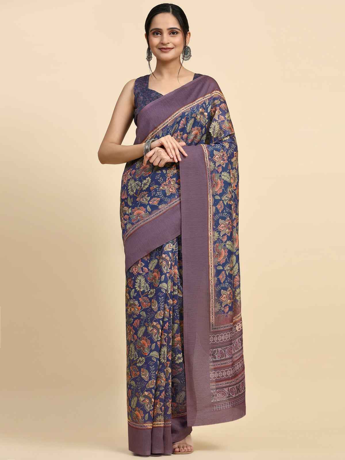 Blue Floral Block Printed Satin Designer Saree
