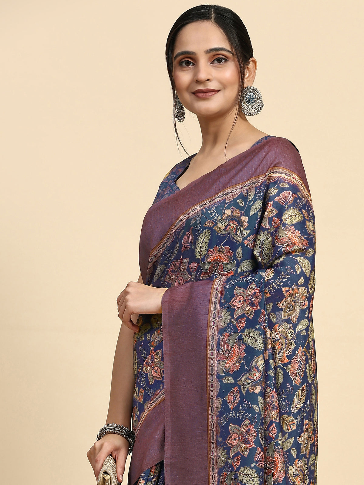 Blue Floral Block Printed Satin Designer Saree