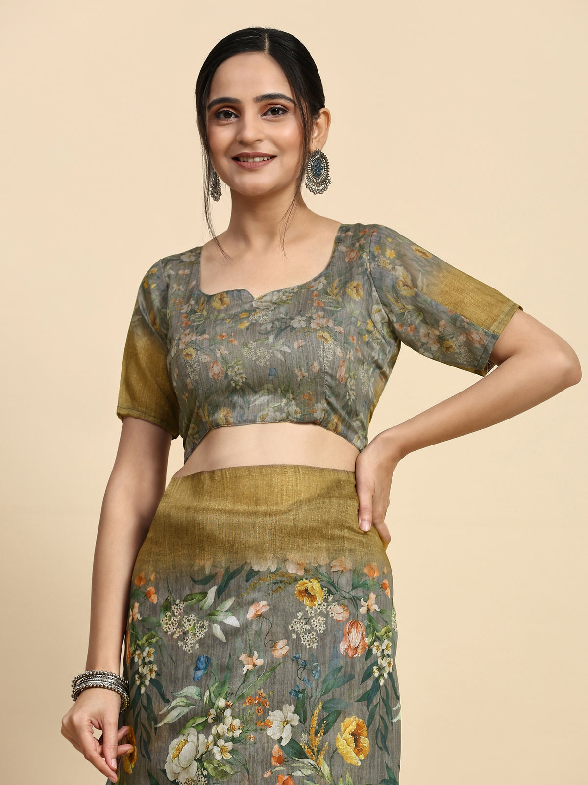Grey Batik Printed Jute Silk Designer Saree