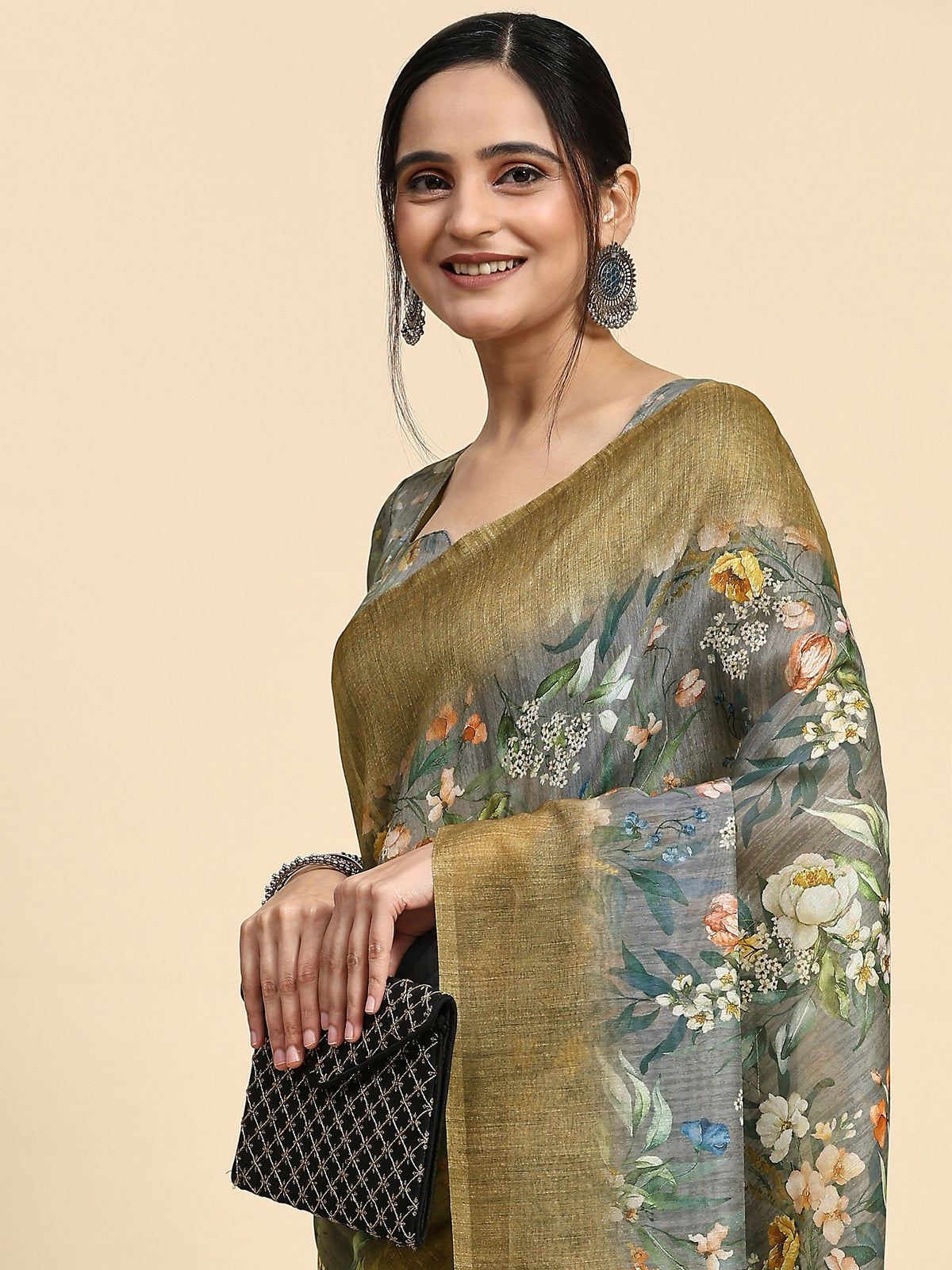 Grey Batik Printed Jute Silk Designer Saree