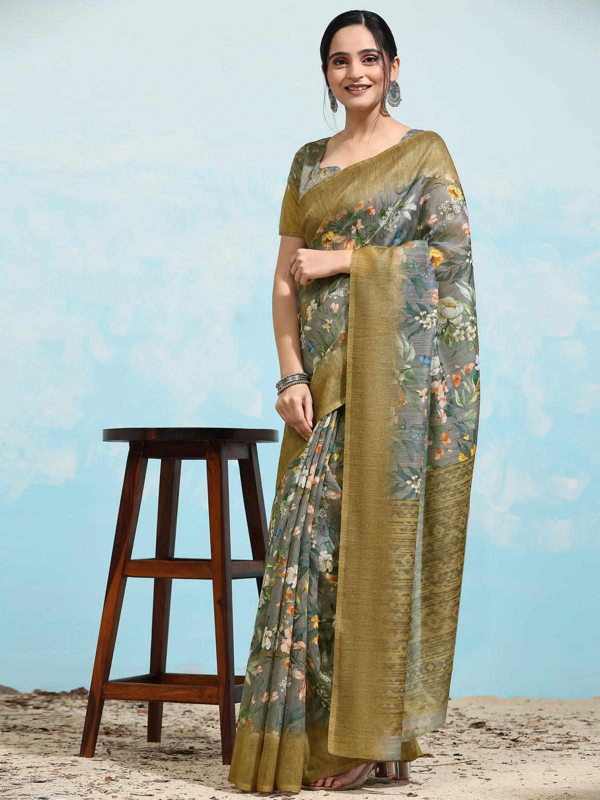 Grey Batik Printed Jute Silk Designer Saree