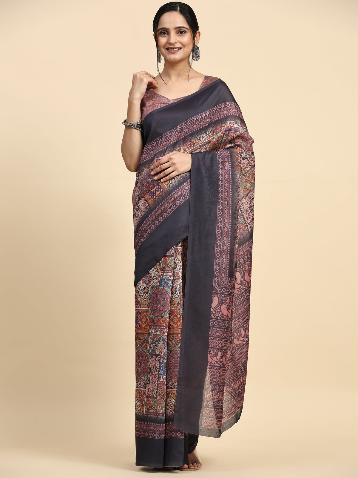 Brown Kalamkari Ethnic Motifs Jute Cotton Designer Saree