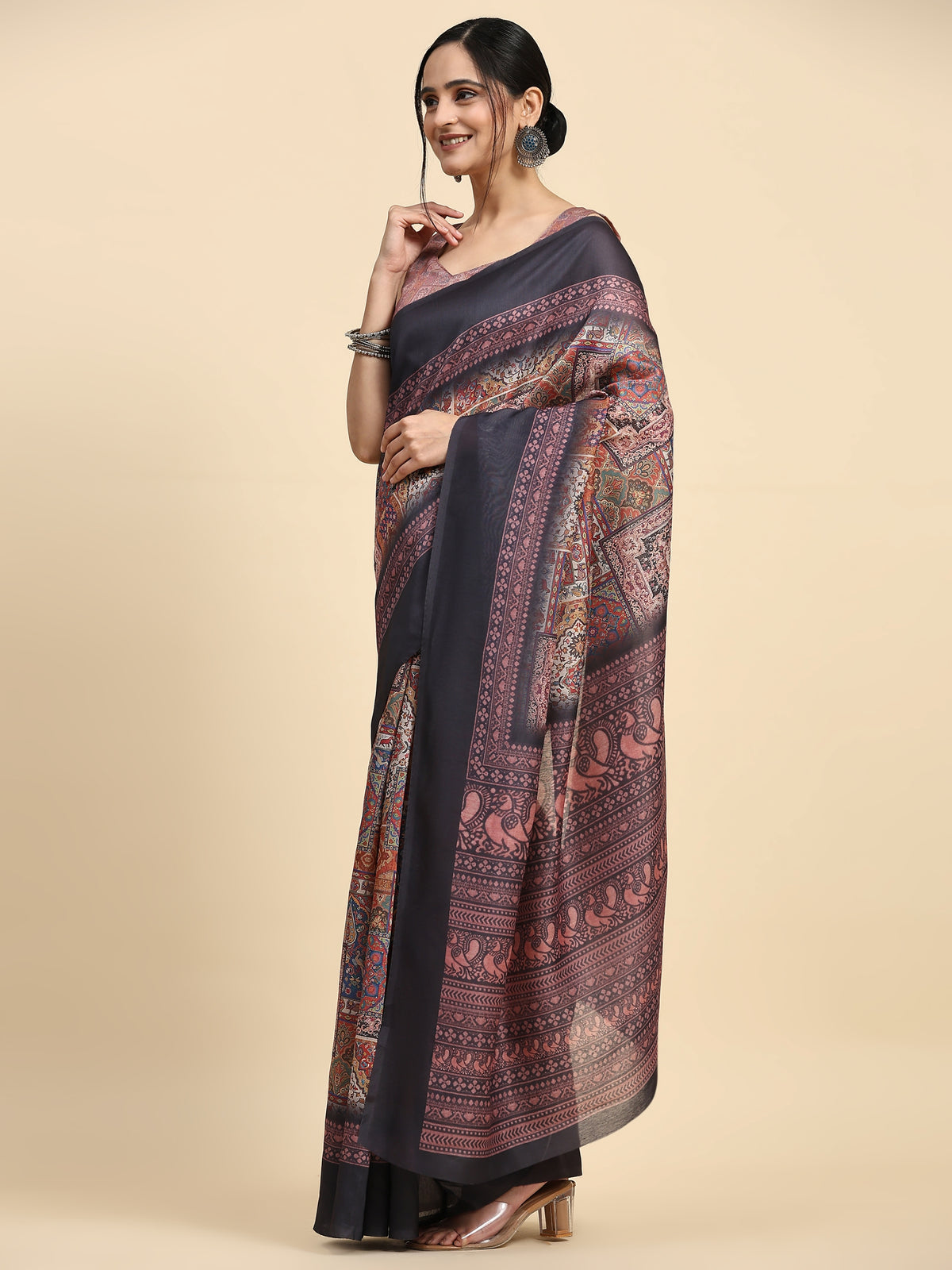 Brown Kalamkari Ethnic Motifs Jute Cotton Designer Saree