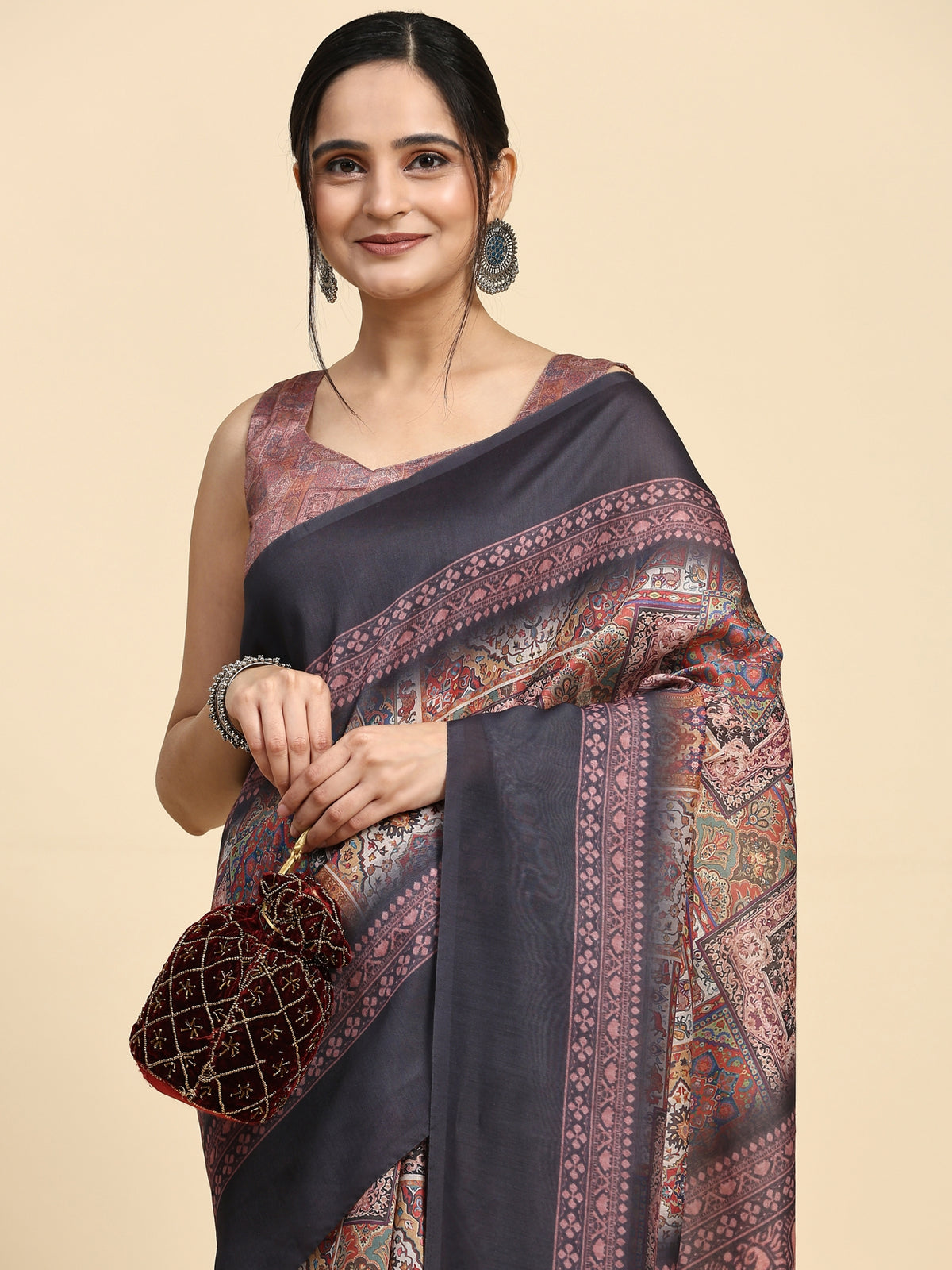 Brown Kalamkari Ethnic Motifs Jute Cotton Designer Saree