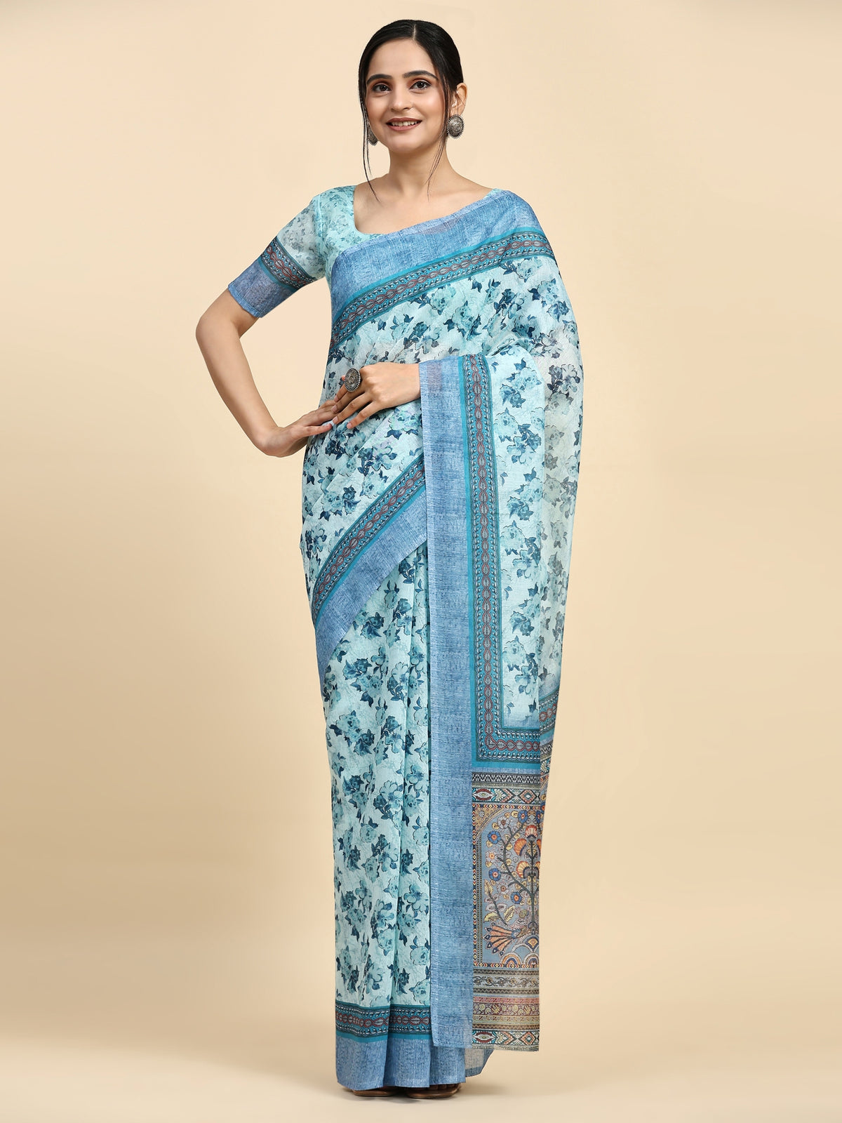 Blue Floral Printed Satin Designer Saree
