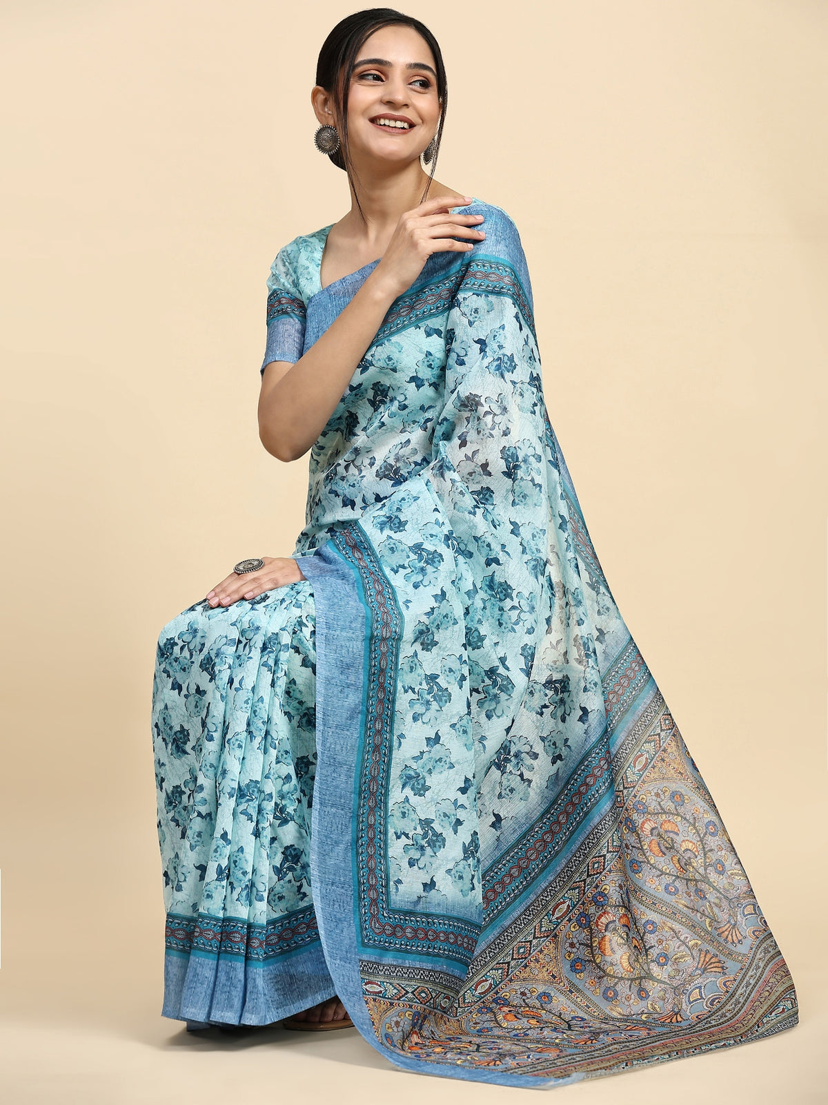 Blue Floral Printed Satin Designer Saree