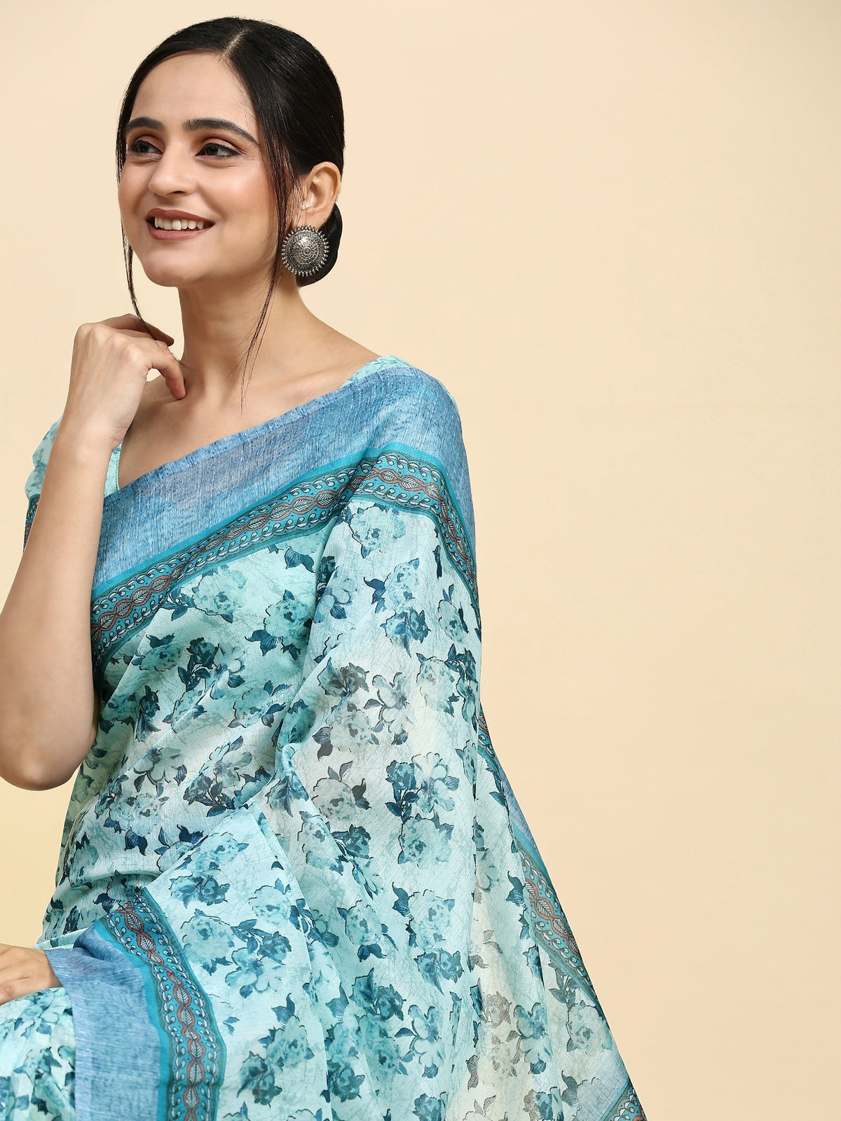 Blue Floral Printed Satin Designer Saree