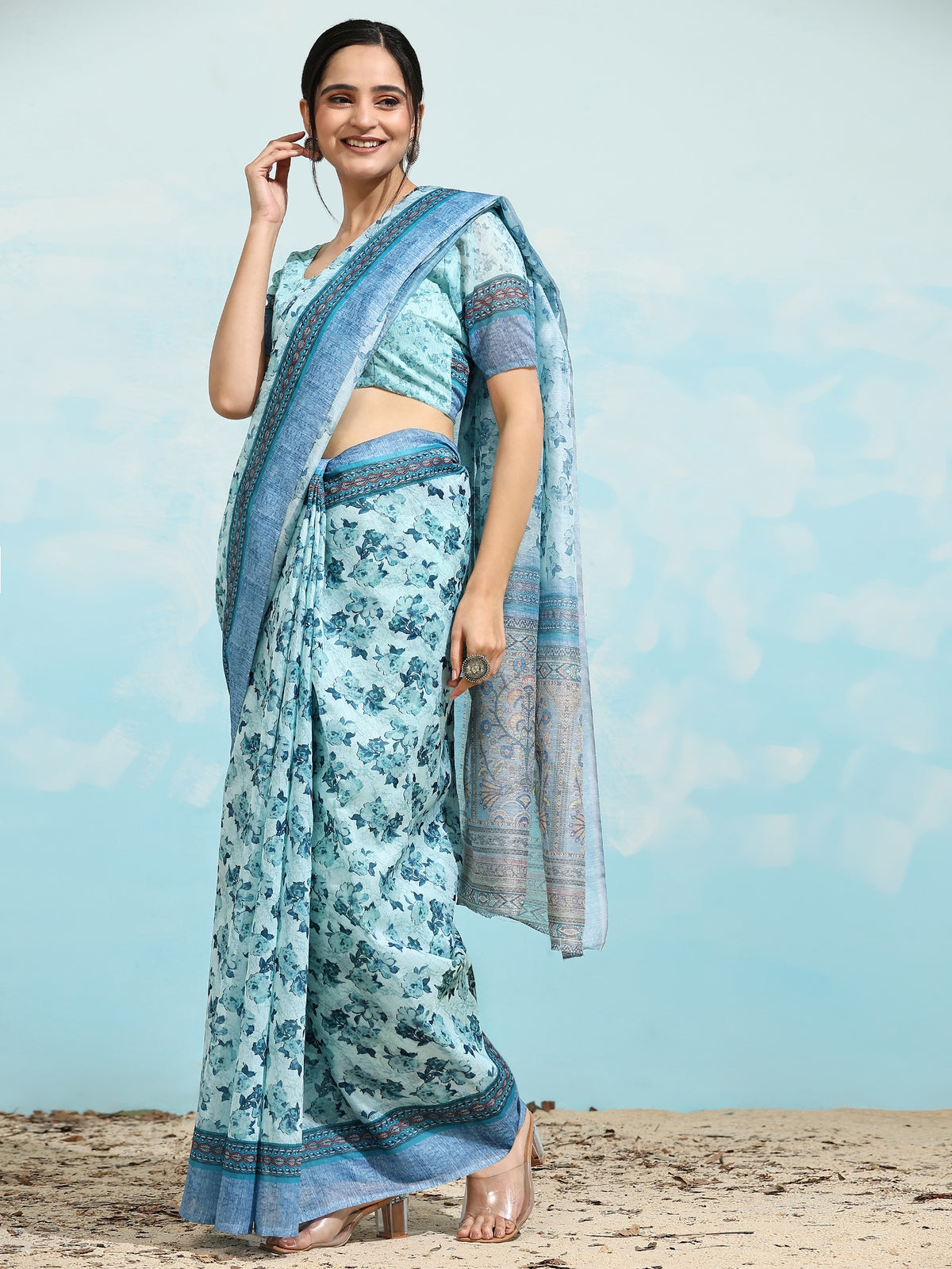 Blue Floral Printed Satin Designer Saree