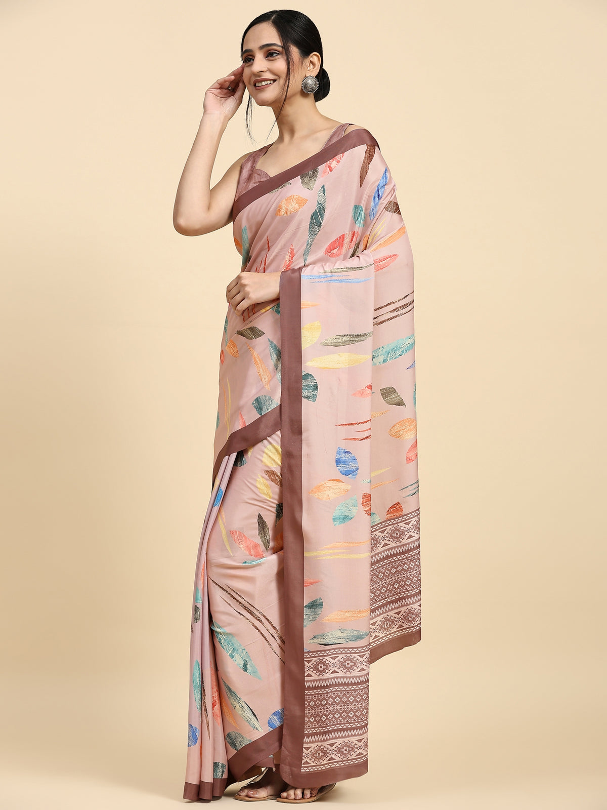 Peach Color Abstract Printed Satin Designer Saree