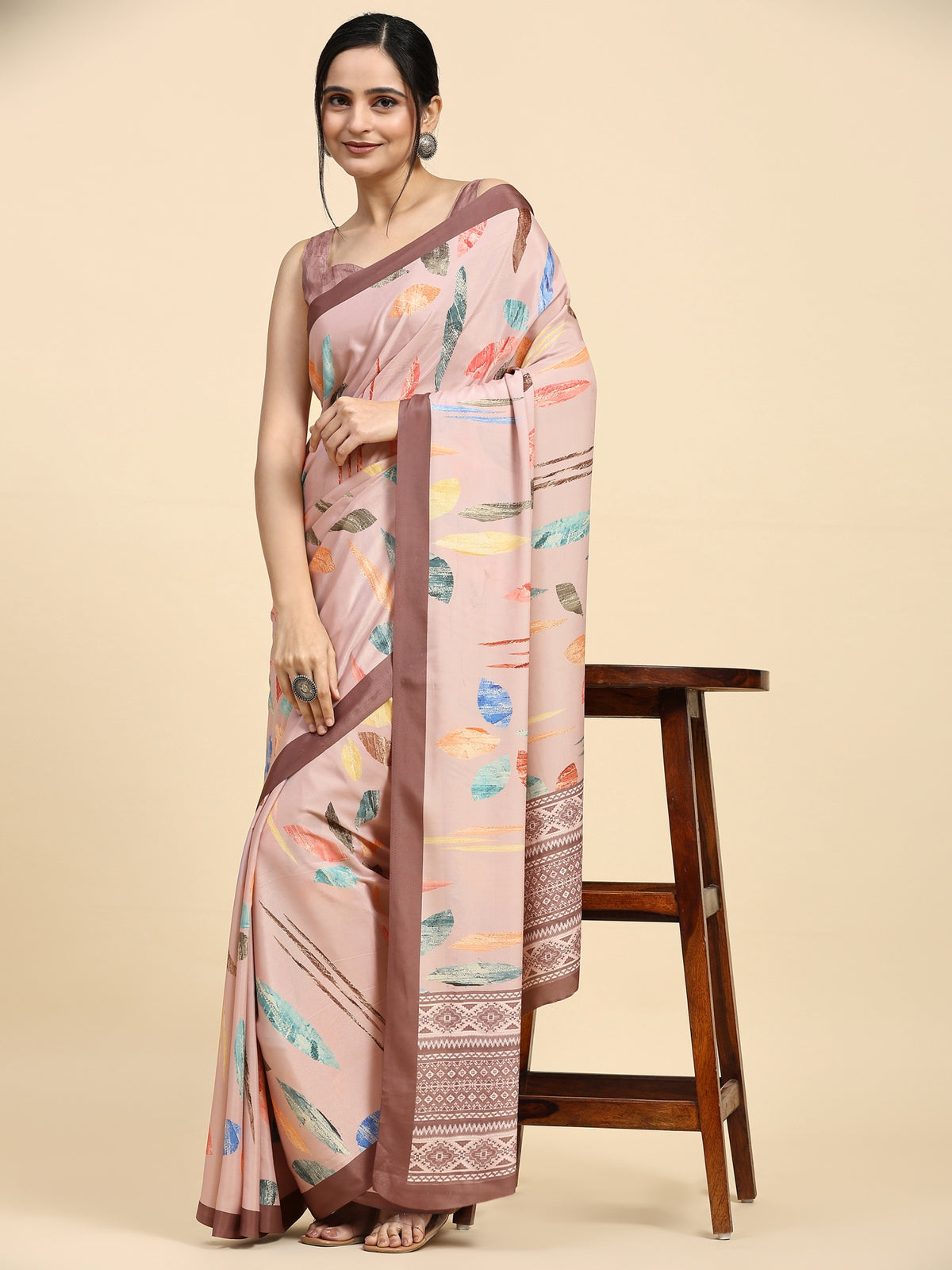 Peach Color Abstract Printed Satin Designer Saree