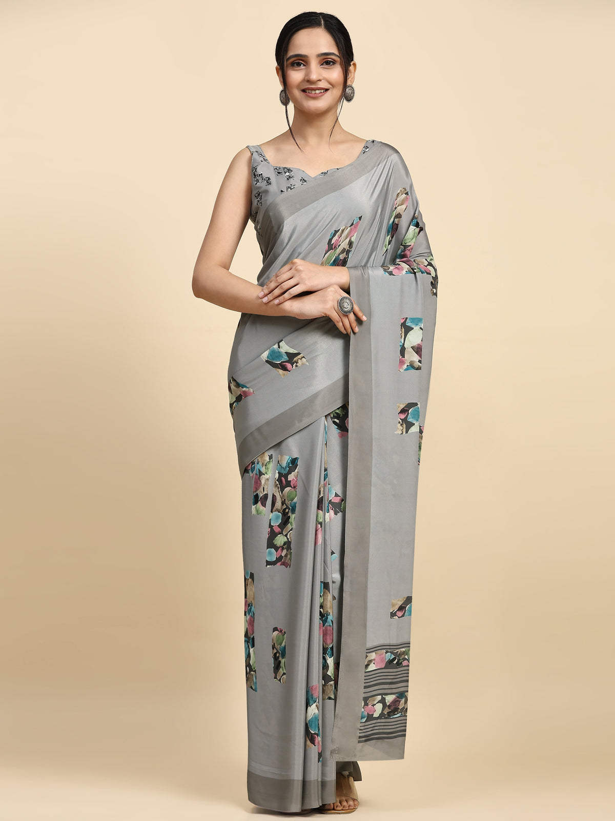 Grey Color Printed Satin Designer Saree