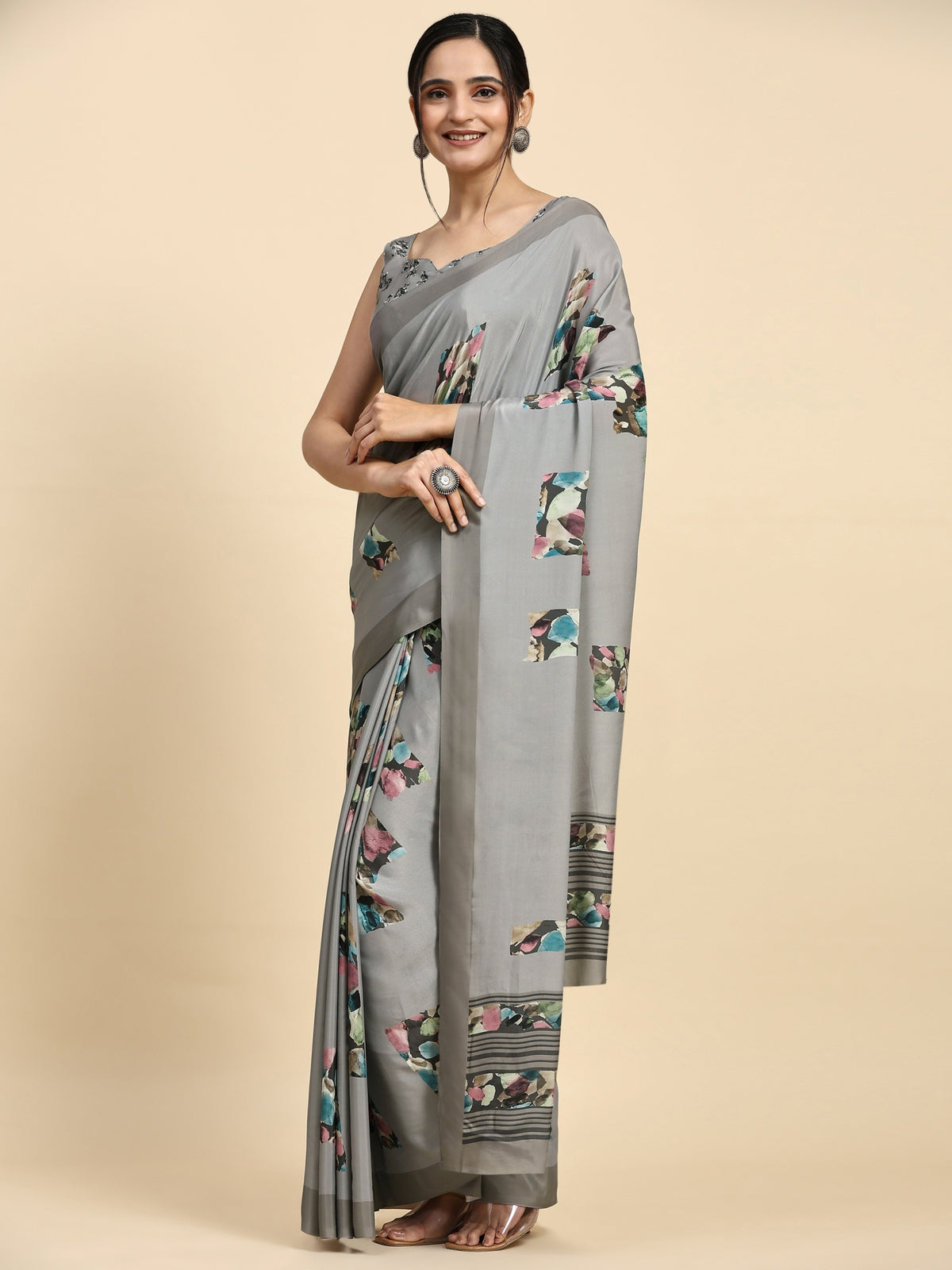 Grey Color Printed Satin Designer Saree
