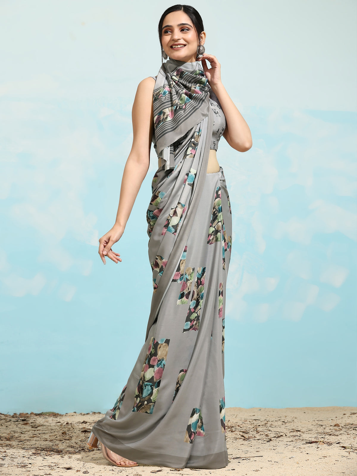 Grey Color Printed Satin Designer Saree