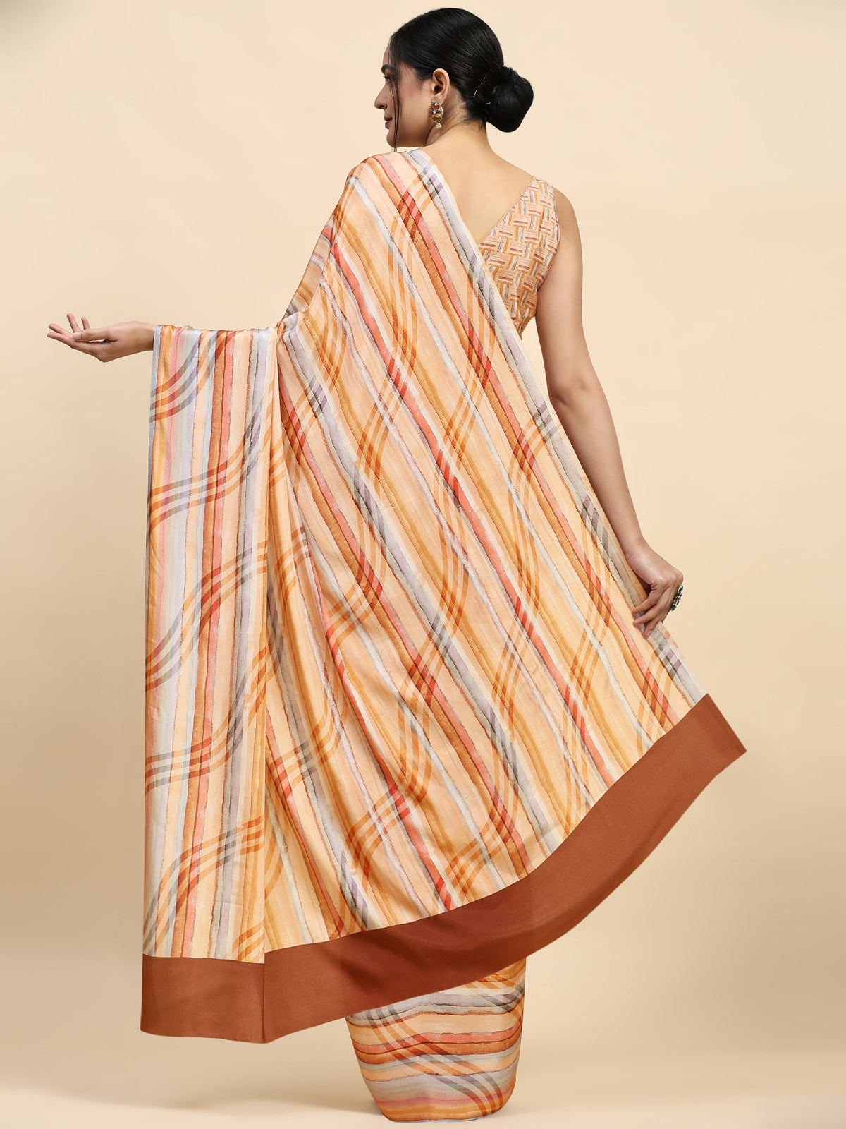 Orange Striped Printed Satin Designer Saree