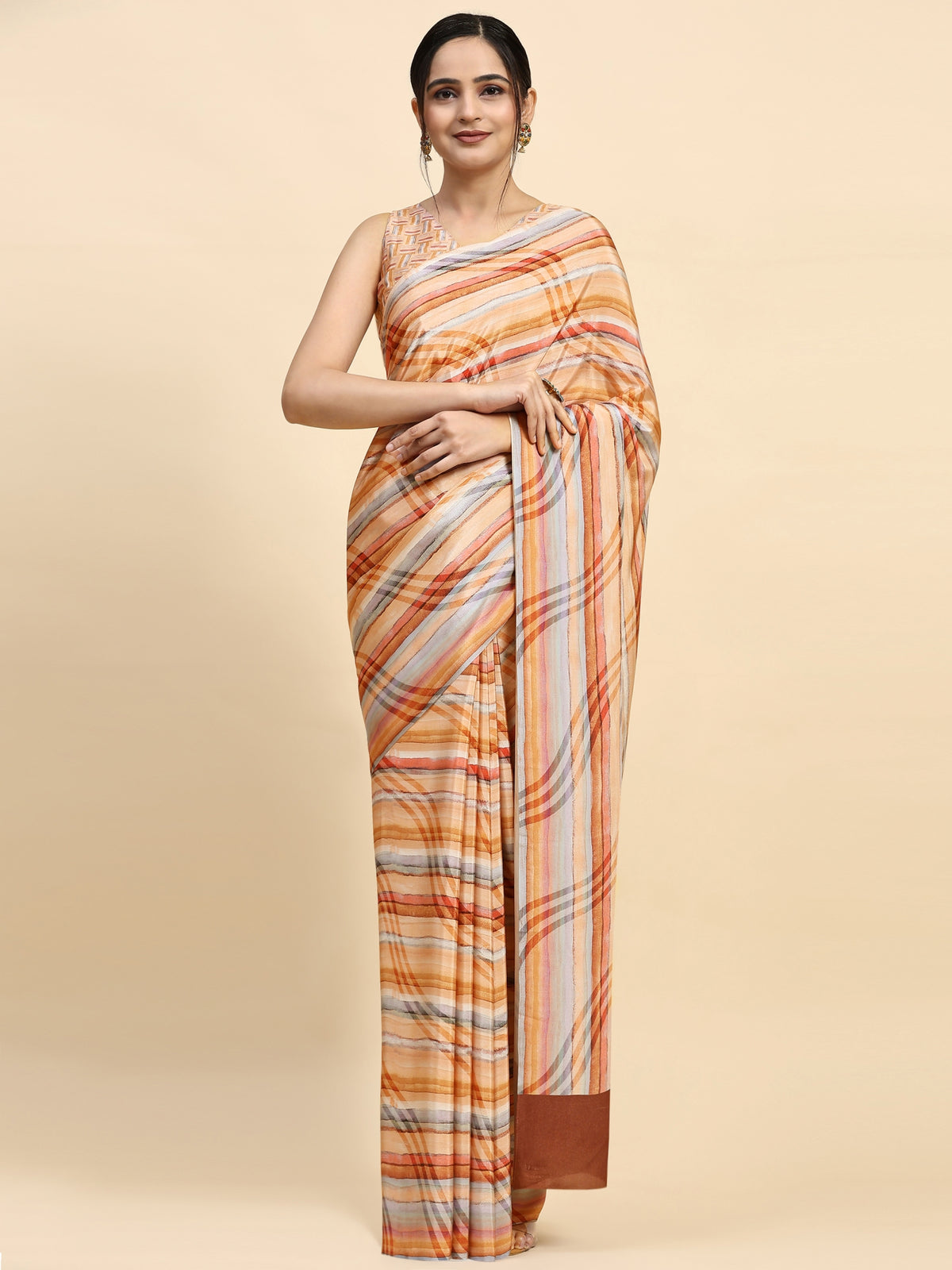 Orange Striped Printed Satin Designer Saree