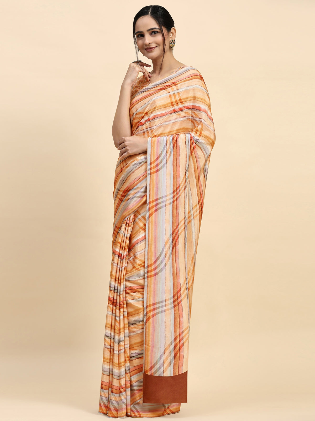 Orange Striped Printed Satin Designer Saree