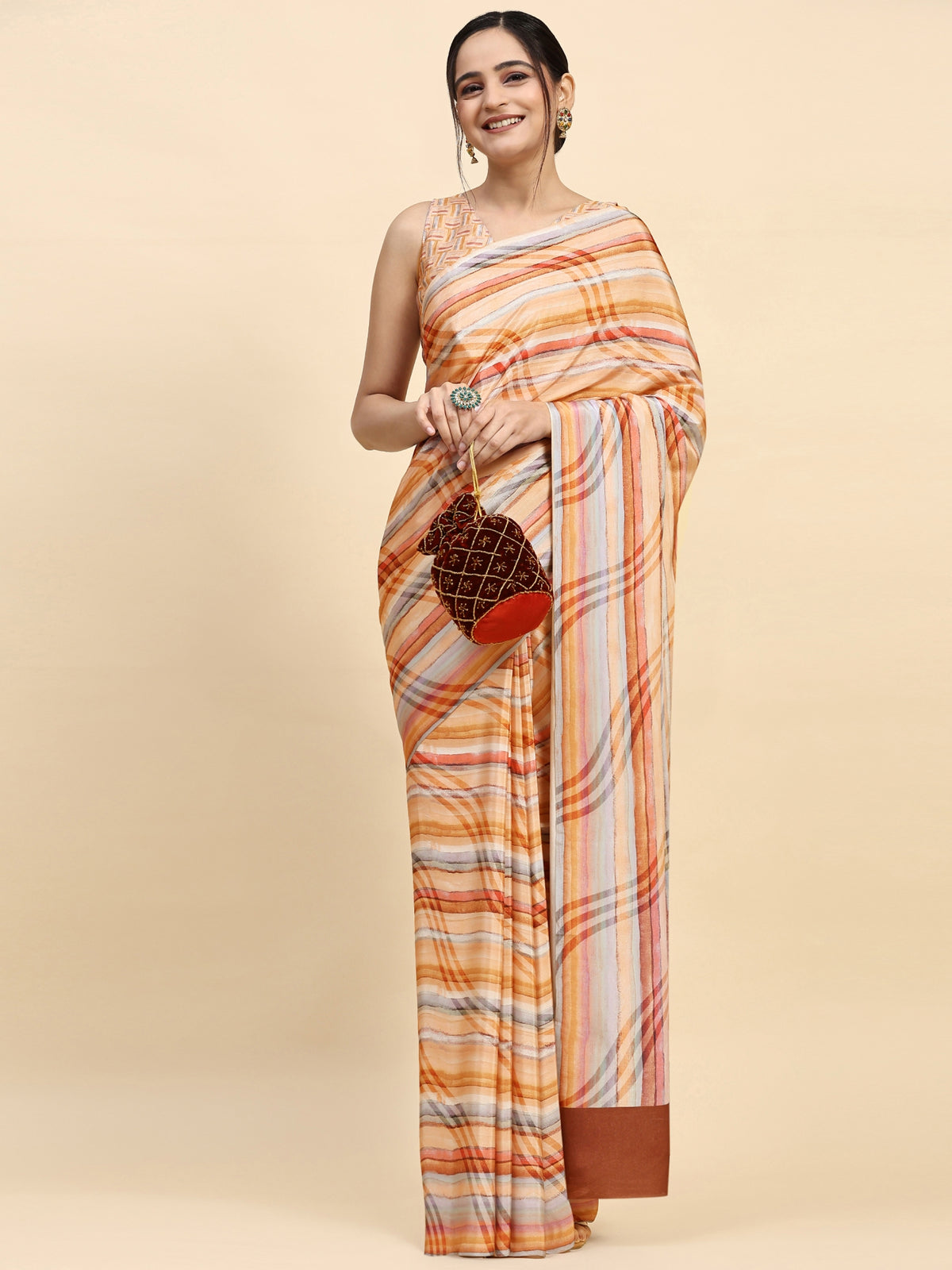 Orange Striped Printed Satin Designer Saree