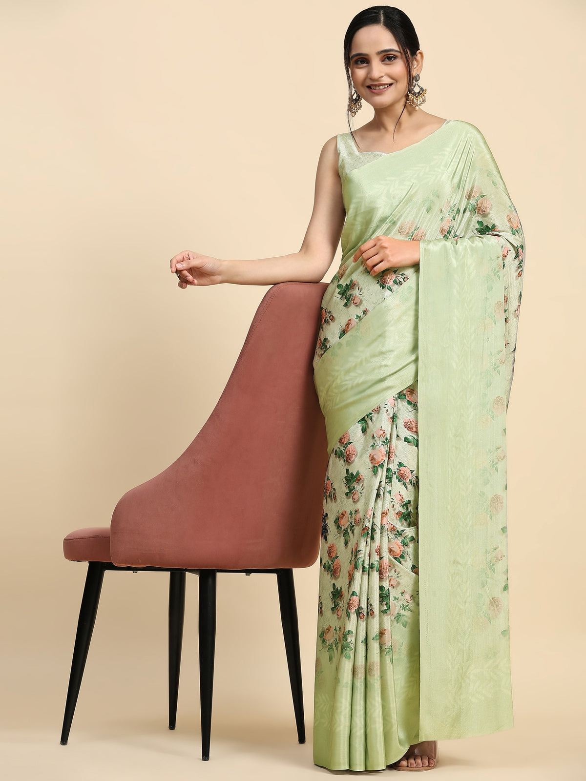 Pista Floral Printed Satin Party Wear Saree