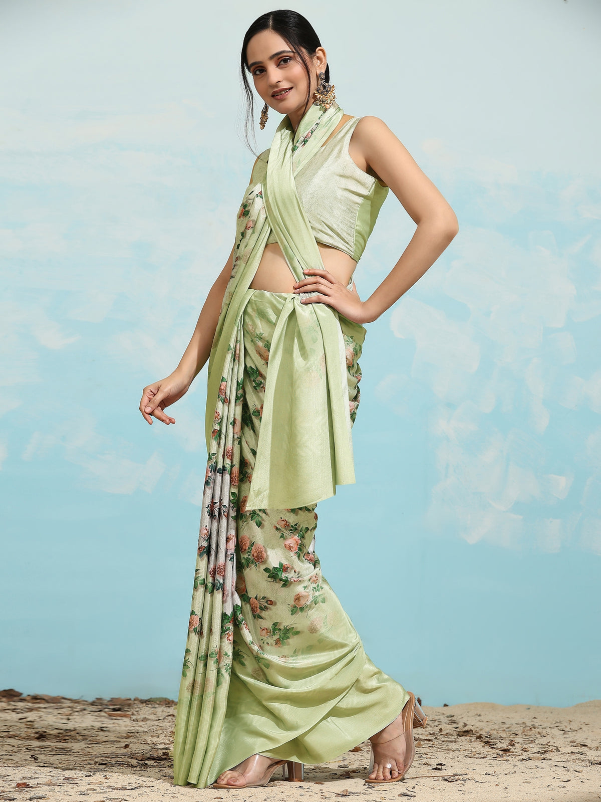 Pista Floral Printed Satin Party Wear Saree