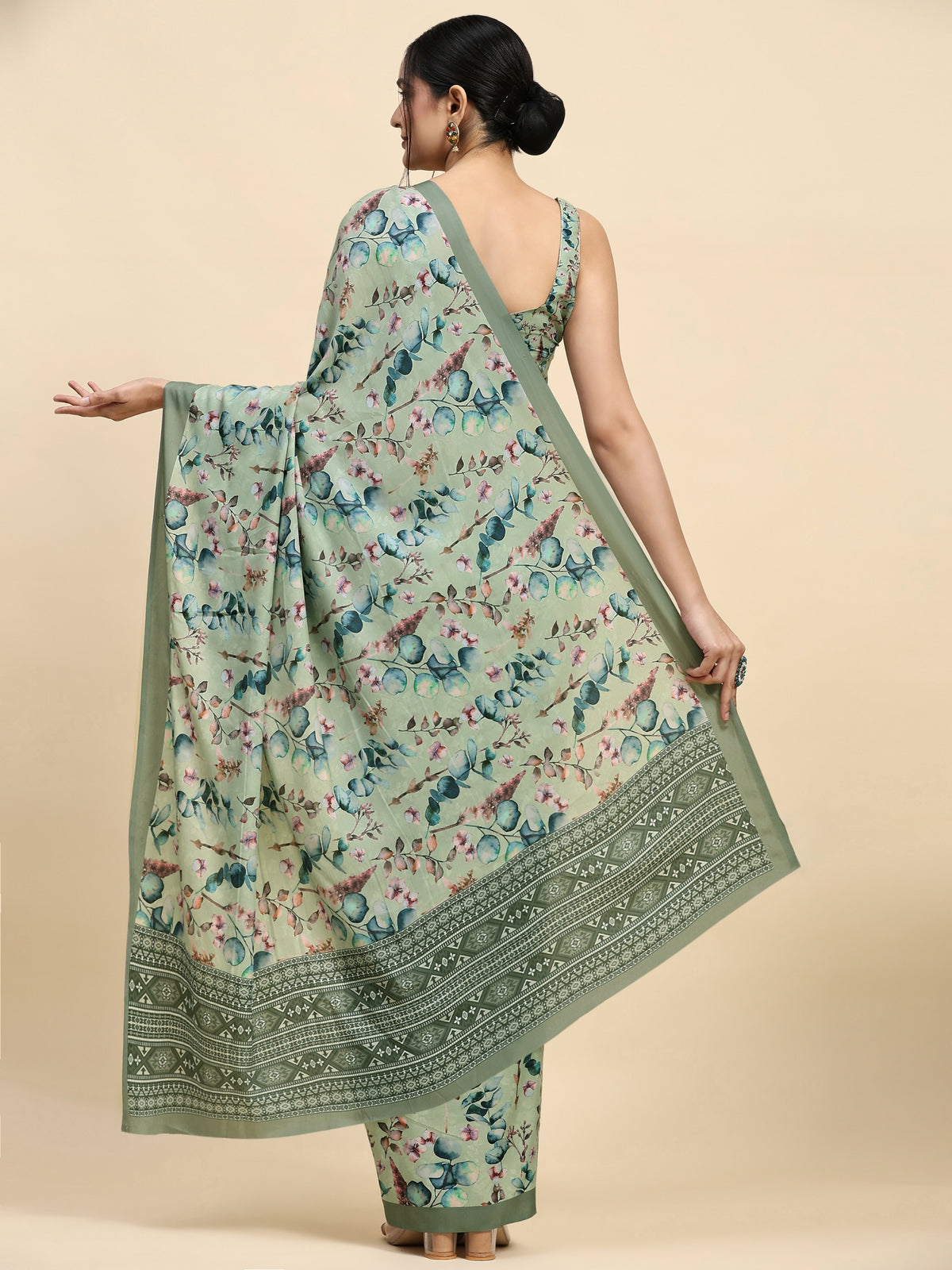 Pista Floral Printed Satin Designer Saree
