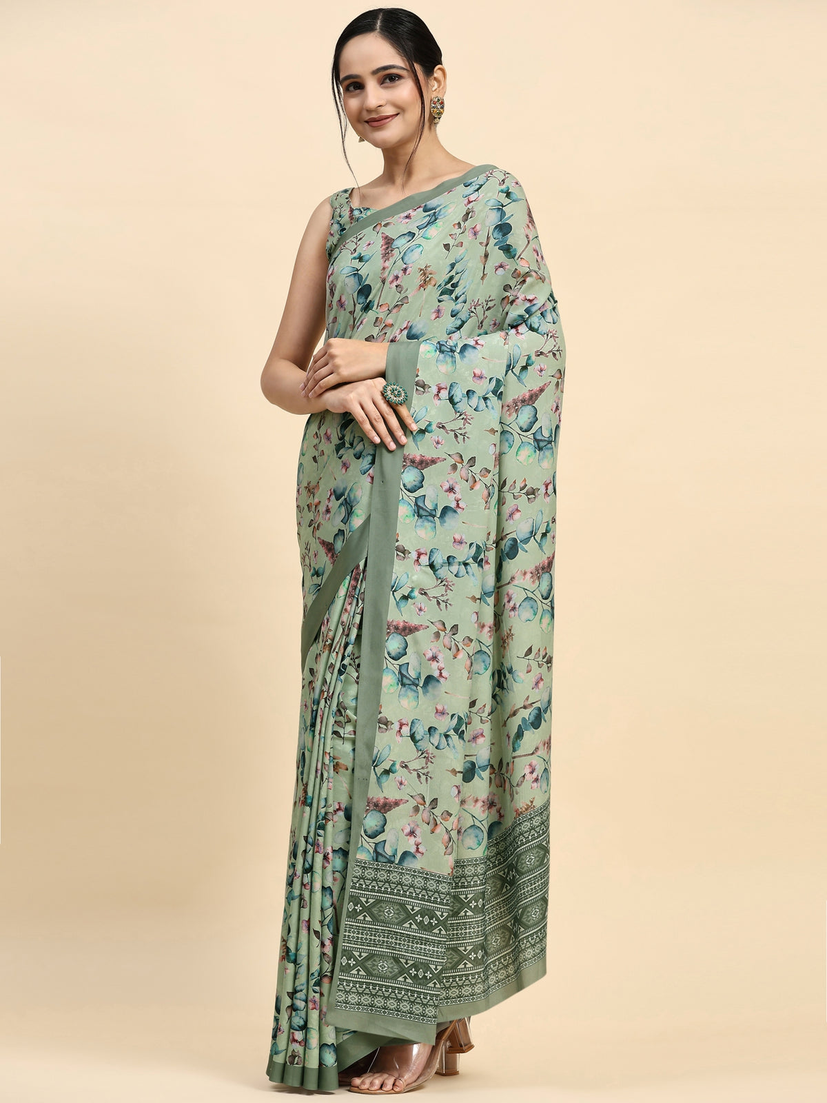 Pista Floral Printed Satin Designer Saree