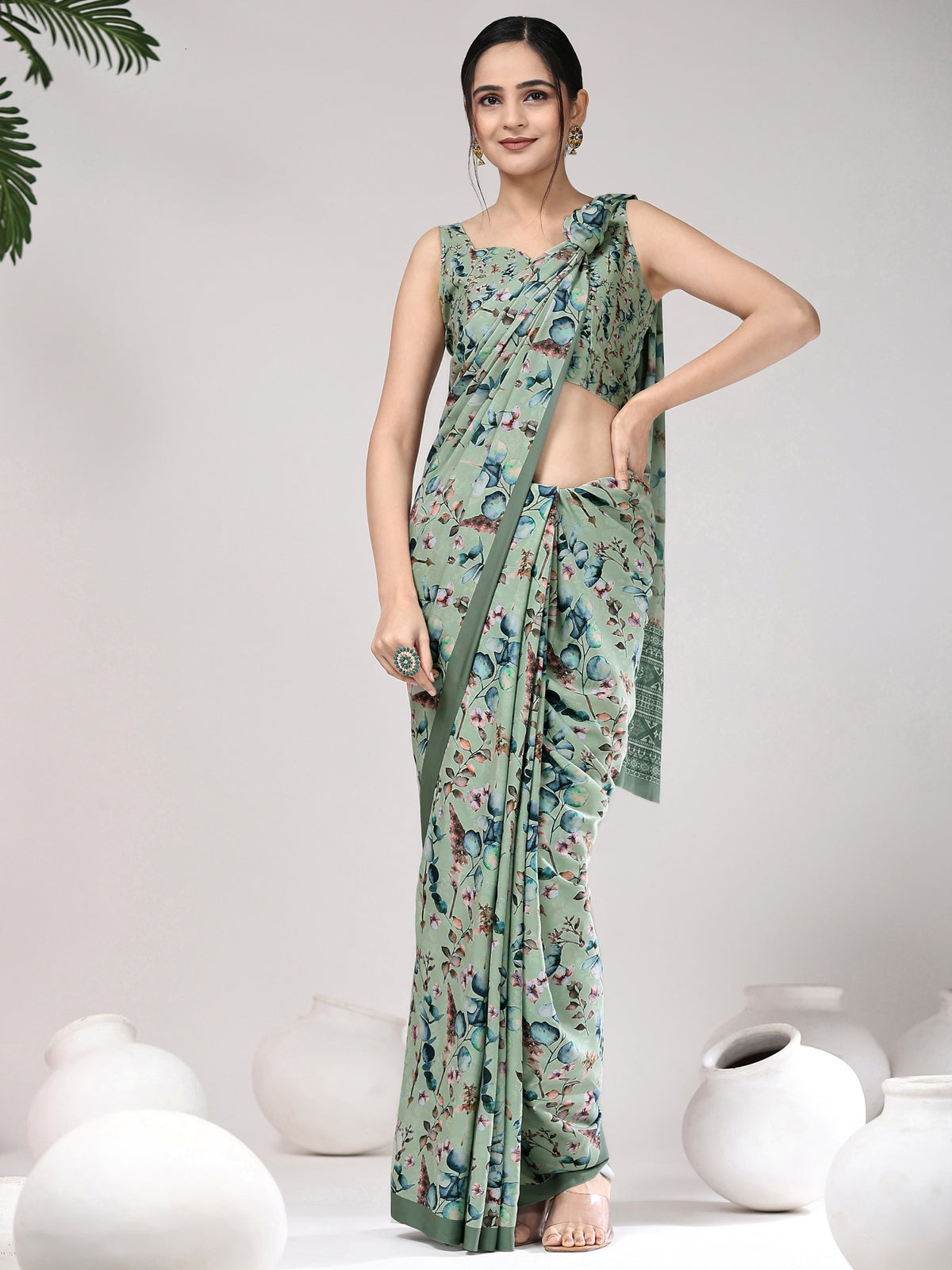 Pista Floral Printed Satin Designer Saree