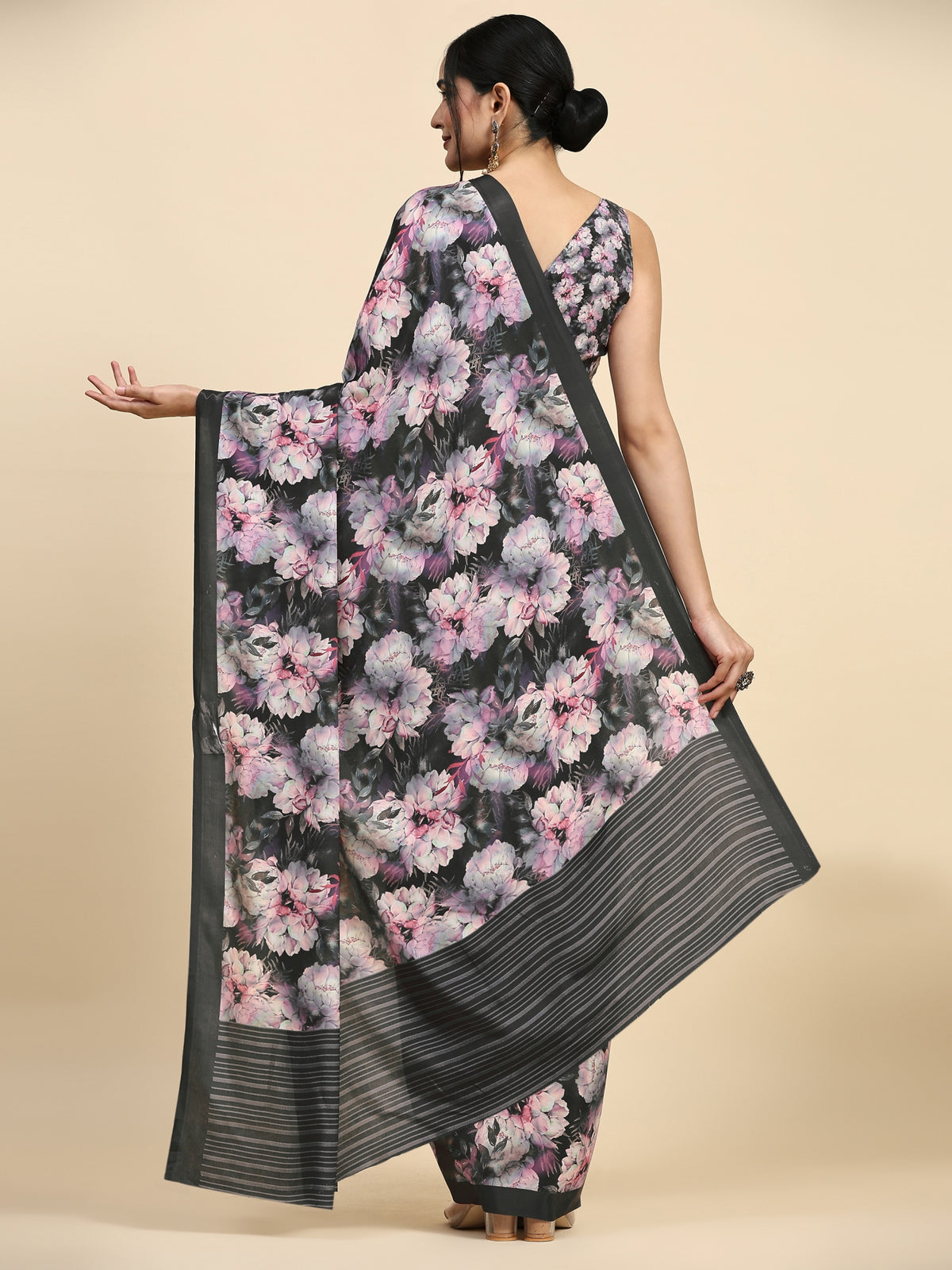 Black Floral Printed Satin Party Wear Saree