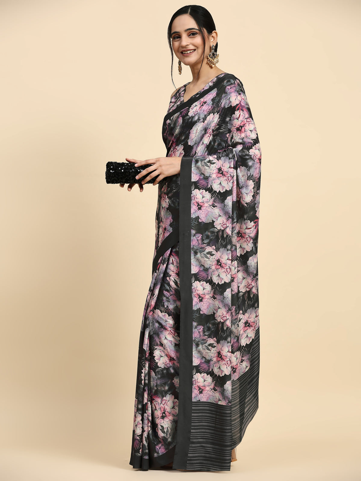 Black Floral Printed Satin Party Wear Saree