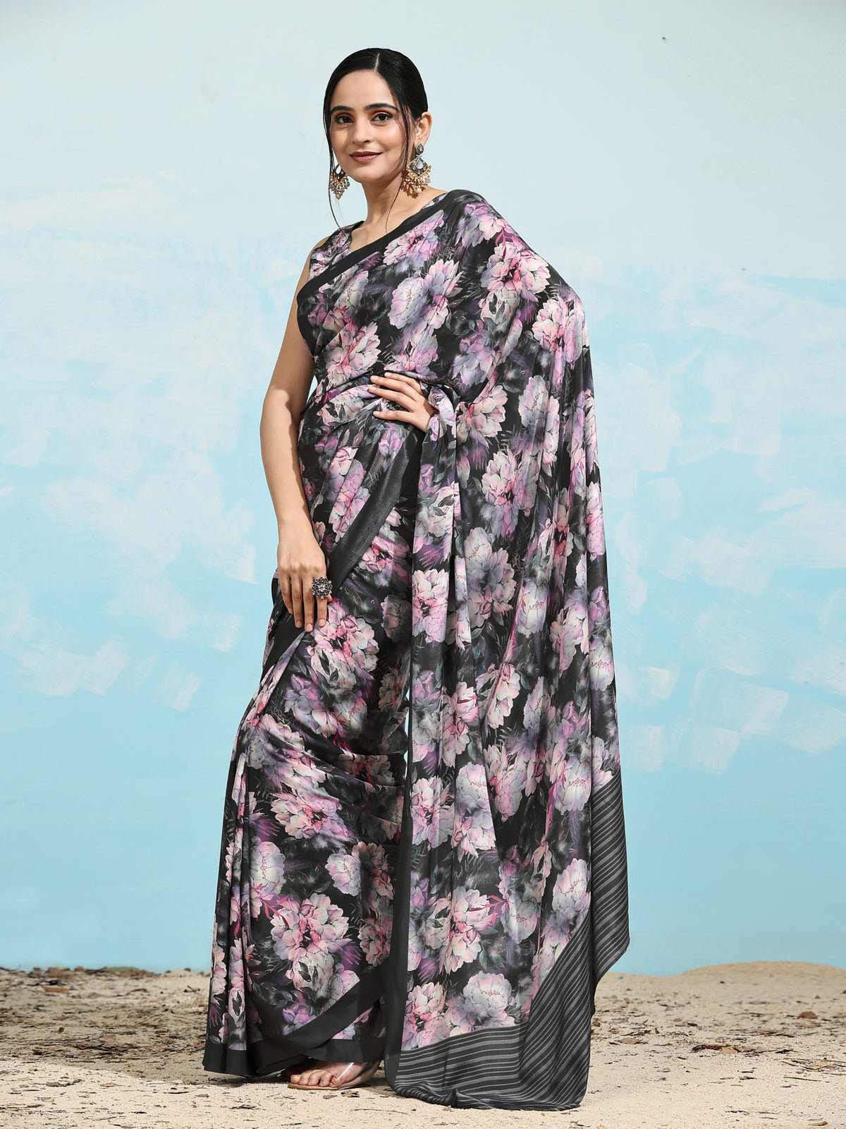 Black Floral Printed Satin Party Wear Saree