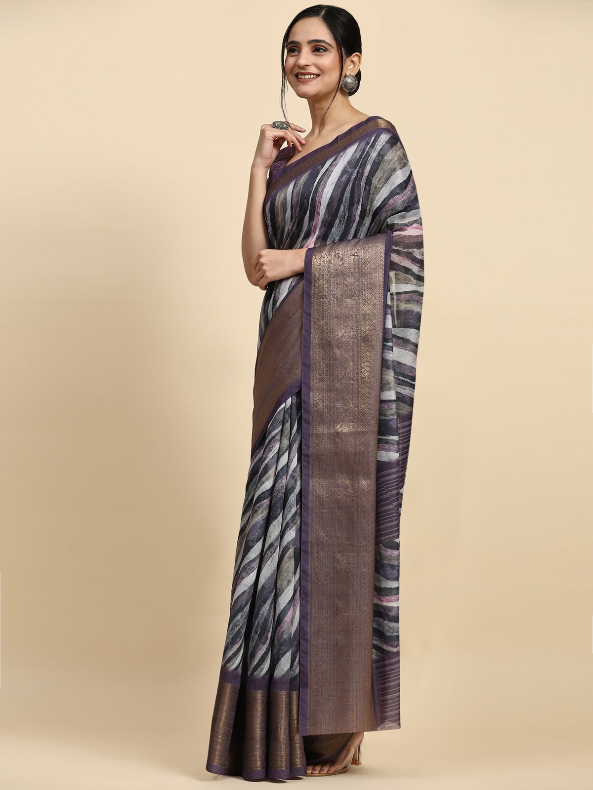 Purple Striped Printed Linen Blend Designer Saree